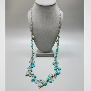 Silver Tone Blue Bead Charm Necklace 36" Long Opera Dangles Southwestern Western